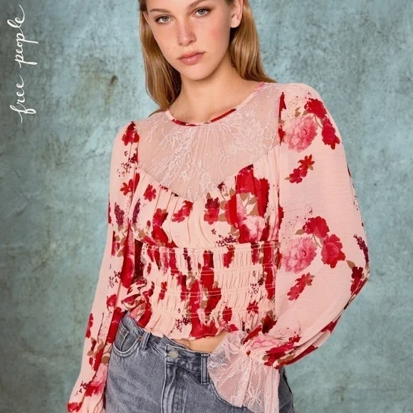 FREE PEOPLE Daphne Rose/Floral Long Sleeve Sheer Lace Ruched Blouse-Sm NWT - Picture 4 of 16
